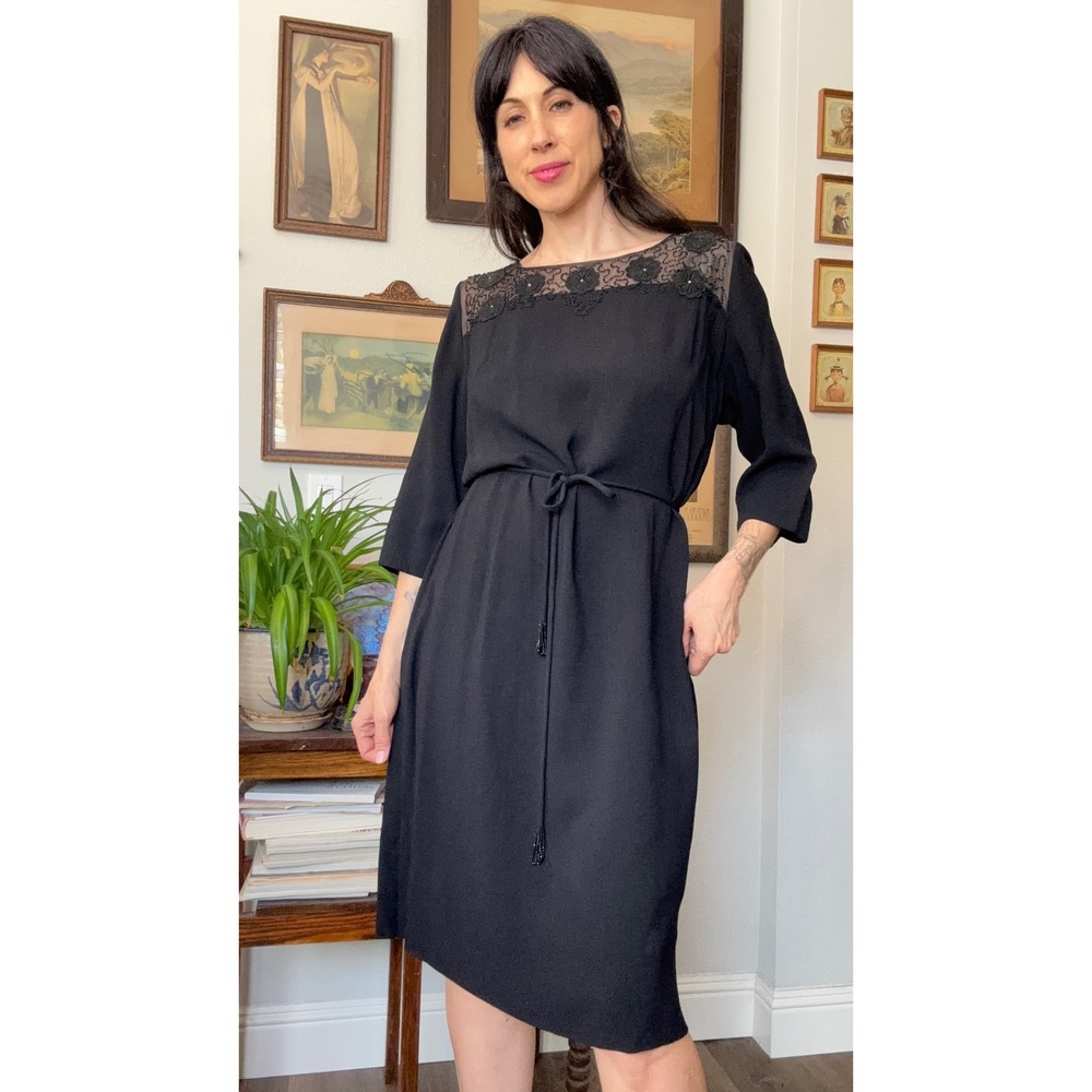 Vintage 60s Herbert Levy black Lace  Beaded Sheath Cocktail Dress